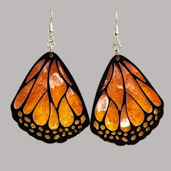Handmade Resin Orange and Black Butterfly Wing Earrings - Picture 2 of 3